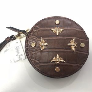 Bee Charm embossed Round Leather Wristlet